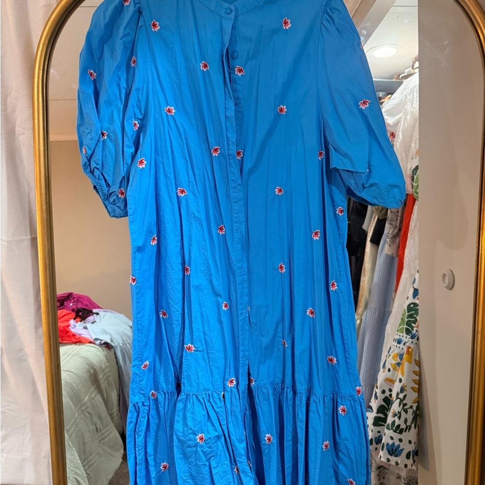 Blue Embroidered Puff-Sleeve Midi Dress